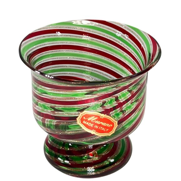 Murano Glass Votive Candle Holder Red Green Gold Swirl Footed Handcrafted 3 inch - Picture 1 of 8